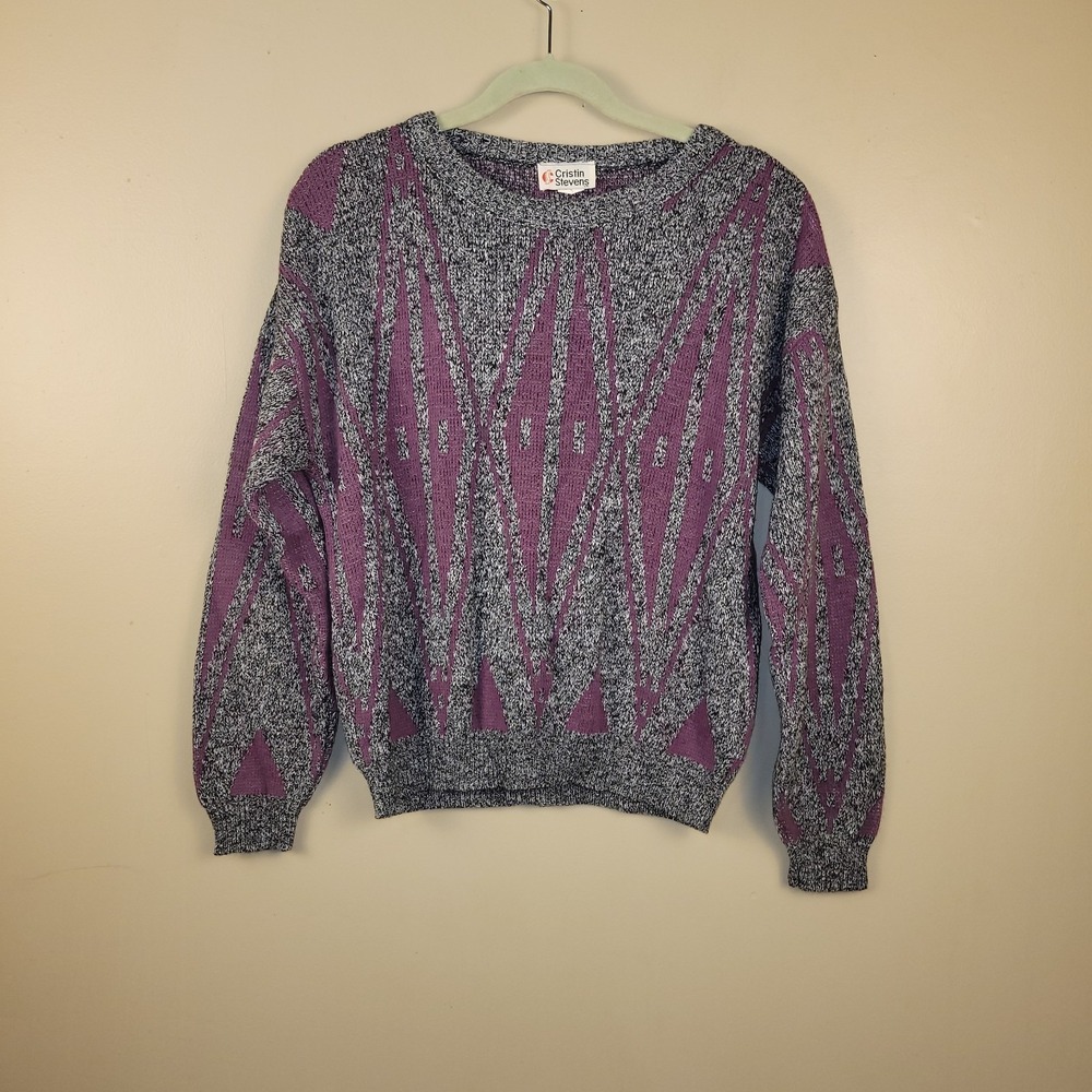 Vintage Cristin Stevens Sweater Womens Medium Geometric Purple Gray USA Acrylic